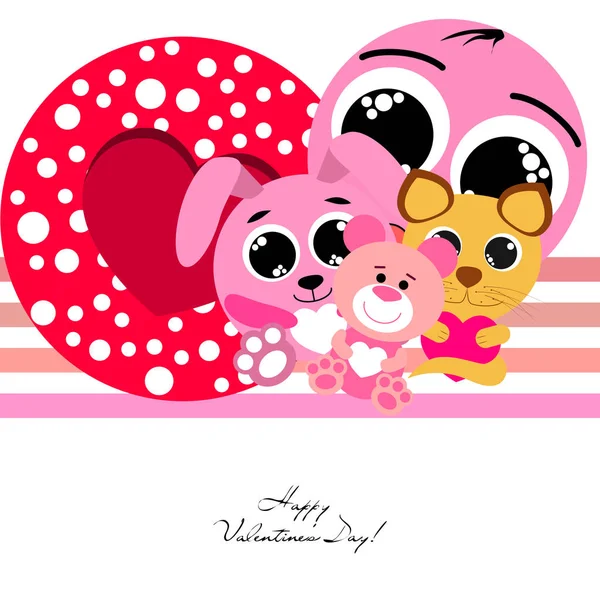 Valentine Day Cat Bunny Bear Heart Smiley Vector Background — стоковый вектор