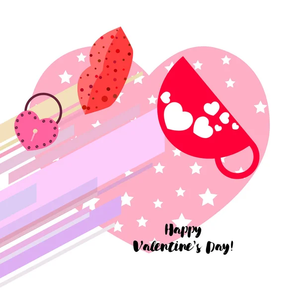 Día San Valentín Taza Cerradura Labios Corazón Vector Fondo — Vector de stock