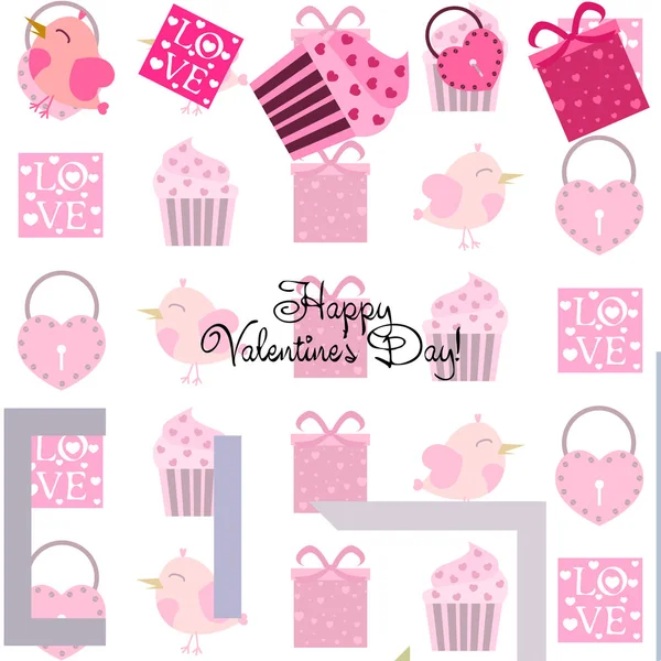 Set Celebratory Elements Valentine Day Flat Vector Illustration Isolated White — Stock Vector