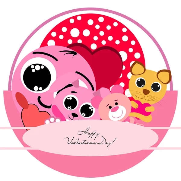 Valentine Day Cat Bunny Bear Heart Smiley Vector Background — стоковый вектор