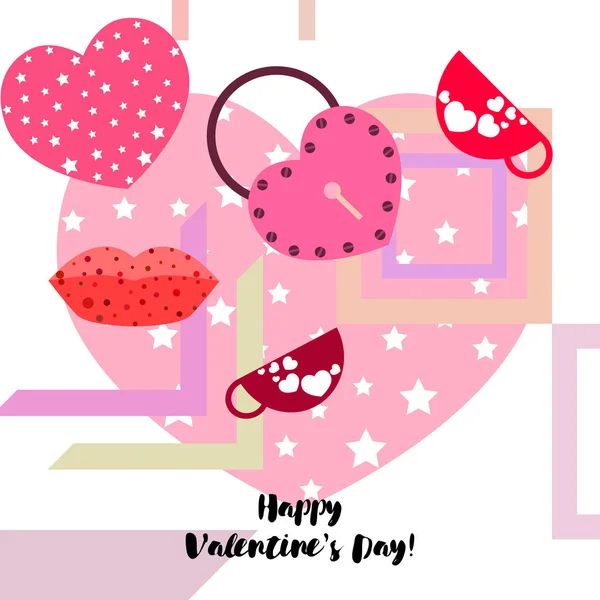 Día San Valentín Taza Cerradura Labios Corazón Vector Fondo — Vector de stock