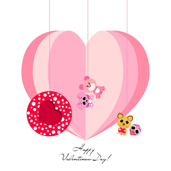 Valentine Day Cat Bunny Bear Heart Smiley Vector Background — Stock Vector