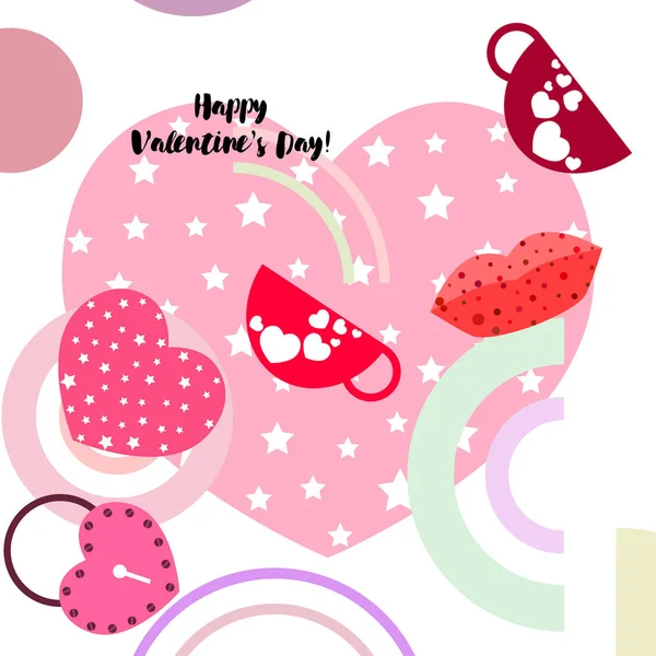 Día San Valentín Taza Cerradura Labios Corazón Vector Fondo — Vector de stock