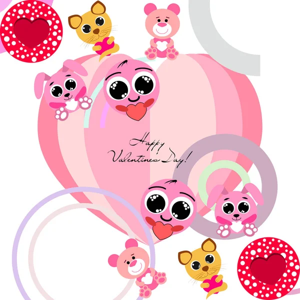 Sevgililer günü, kedi, tavşan, ayı, kalp, smiley, vektör arka plan