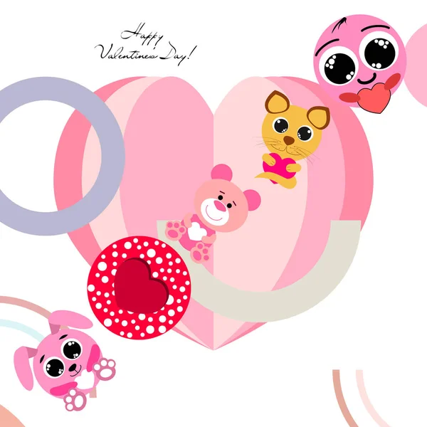 Valentine Day Cat Bunny Bear Heart Smiley Vector Background — стоковый вектор