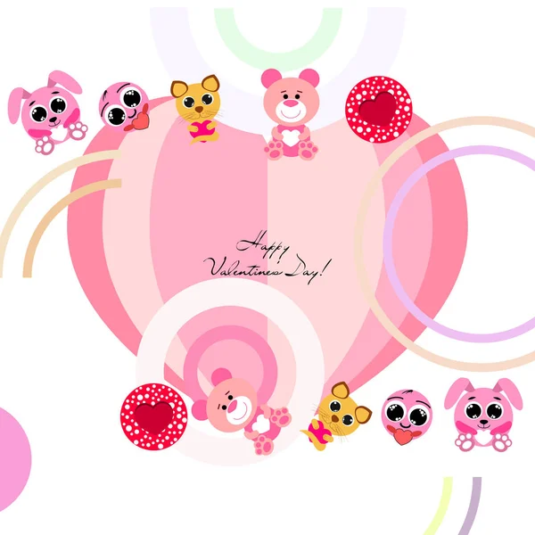 Valentine Day Cat Bunny Bear Heart Smiley Vector Background — стоковый вектор