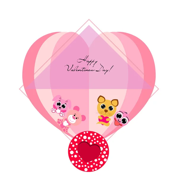 Día San Valentín Gato Conejo Oso Corazón Sonriente Vector Fondo — Archivo Imágenes Vectoriales