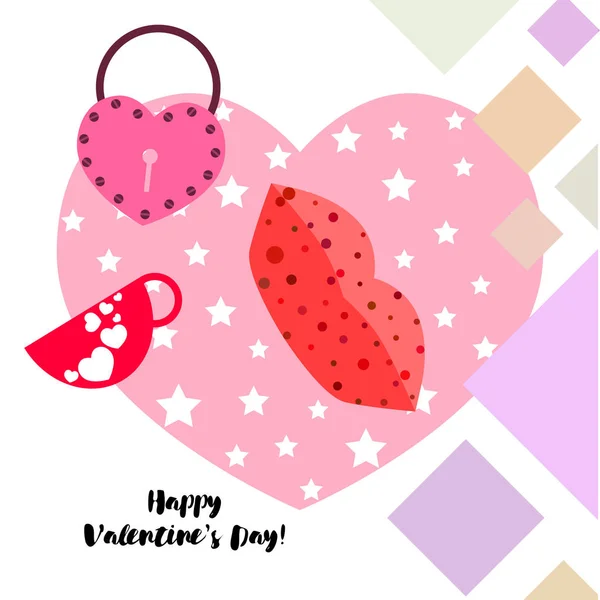 Día San Valentín Taza Cerradura Labios Corazón Vector Fondo — Vector de stock