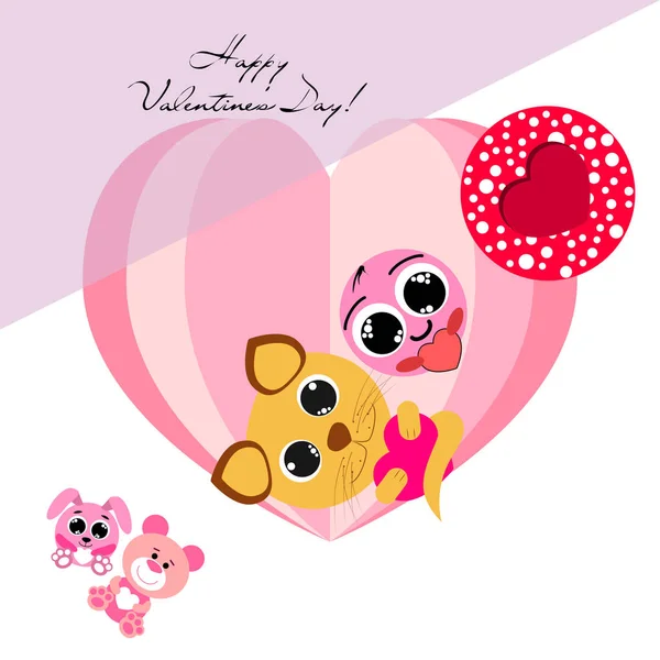 Valentine Day Cat Bunny Bear Heart Smiley Vector Background — стоковый вектор