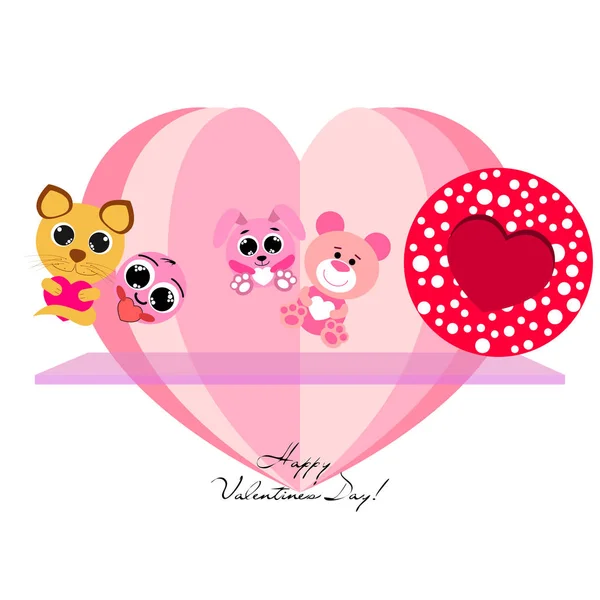 Valentine Day Cat Bunny Bear Heart Smiley Vector Background — стоковый вектор