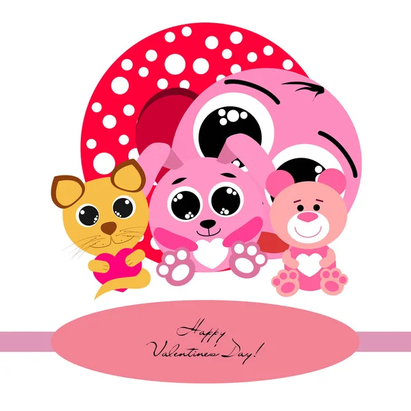 Aftelkalender Voor Valentijnsdag Kat Konijn Bear Hart Smiley Vector Achtergrond — Stockvector