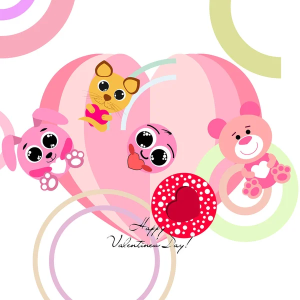 Valentine Day Cat Bunny Bear Heart Smiley Vector Background — стоковый вектор