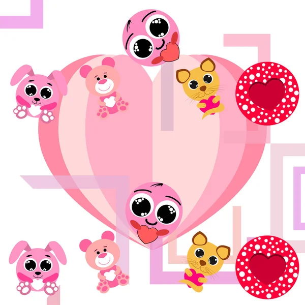 Valentine Day Cat Bunny Bear Heart Smiley Vector Background — стоковый вектор