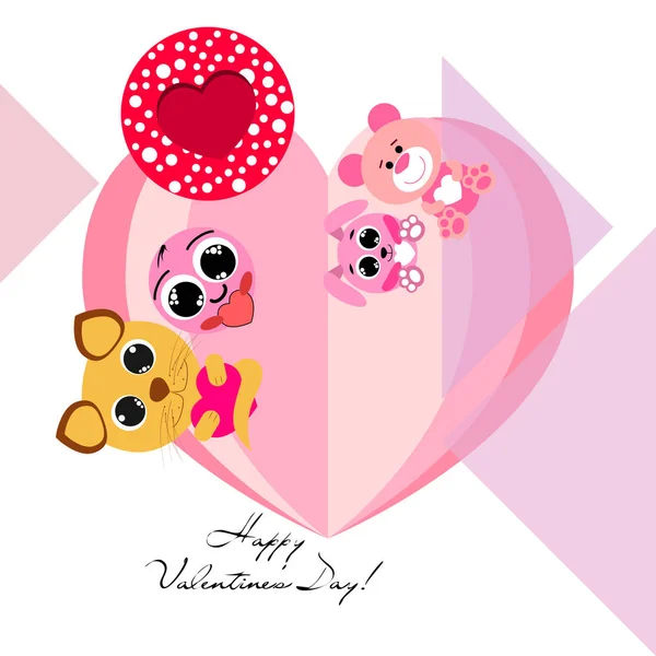 Aftelkalender Voor Valentijnsdag Kat Konijn Bear Hart Smiley Vector Achtergrond — Stockvector