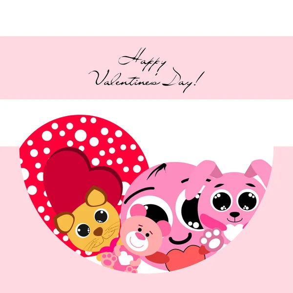 Valentine Day Cat Bunny Bear Heart Smiley Vector Background — стоковый вектор