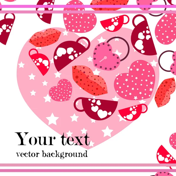 Día San Valentín Taza Cerradura Labios Corazón Vector Fondo — Vector de stock