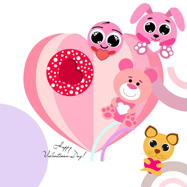 Valentine Day Cat Bunny Bear Heart Smiley Vector Background — стоковый вектор