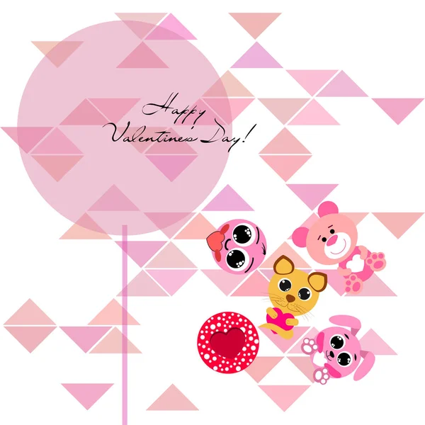 Valentine Day Cat Bunny Bear Heart Smiley Vector Background — стоковый вектор