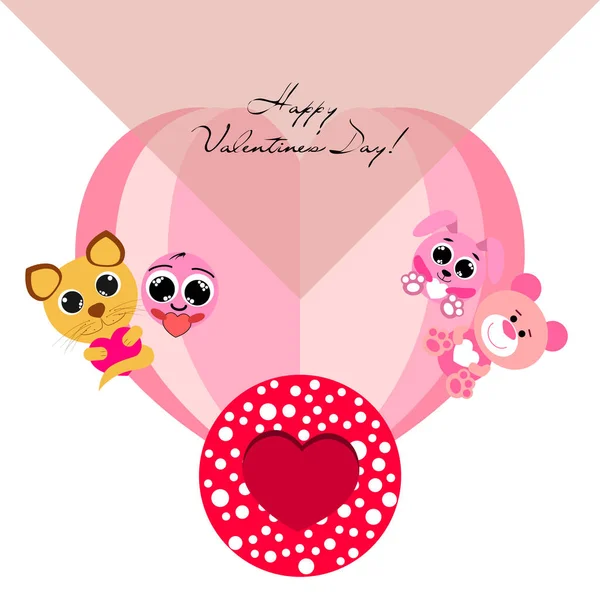 Valentine Day Cat Bunny Bear Heart Smiley Vector Background — стоковый вектор