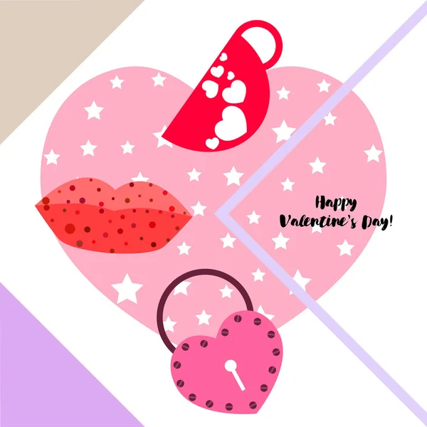 Día San Valentín Taza Cerradura Labios Corazón Vector Fondo — Vector de stock