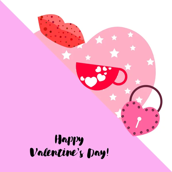 Día San Valentín Taza Cerradura Labios Corazón Vector Fondo — Vector de stock