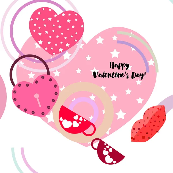 Día San Valentín Taza Cerradura Labios Corazón Vector Fondo — Vector de stock