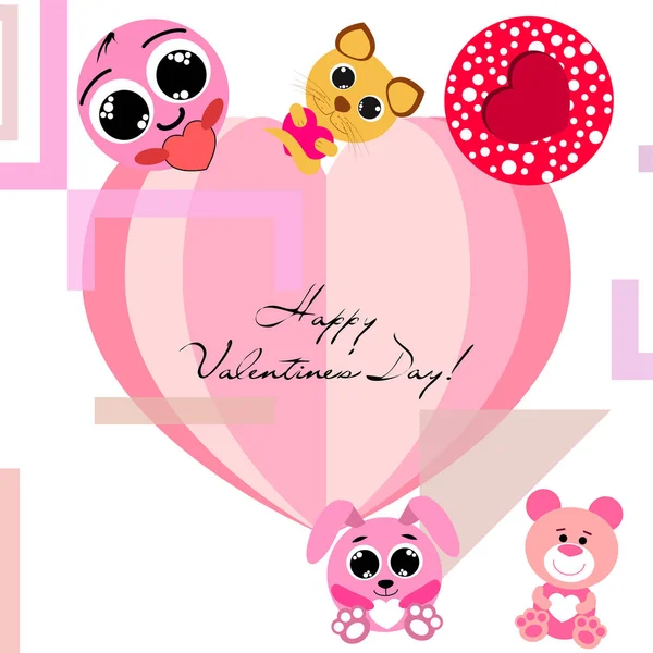 Valentine Day Cat Bunny Bear Heart Smiley Vector Background — стоковый вектор