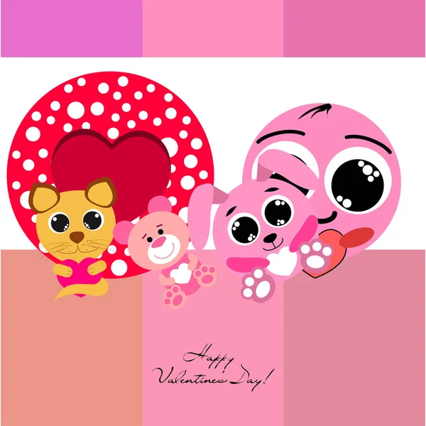 Valentine Day Cat Bunny Bear Heart Smiley Vector Background — стоковый вектор