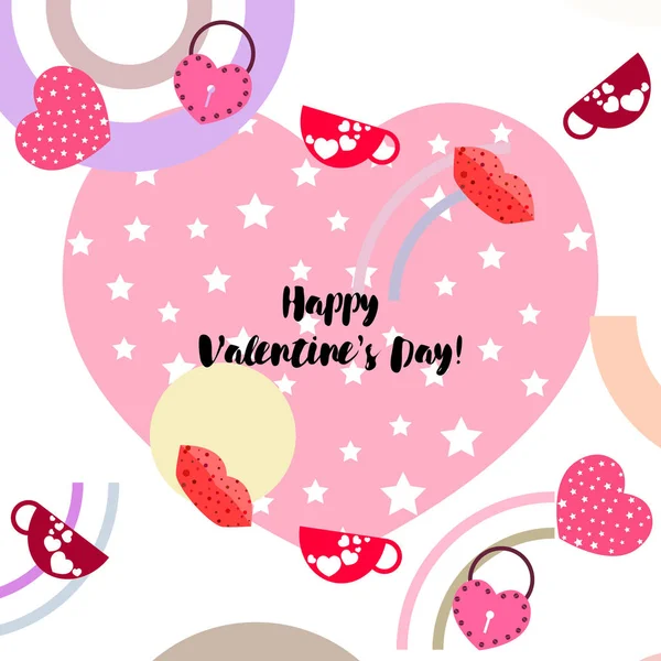 Día San Valentín Taza Cerradura Labios Corazón Vector Fondo — Vector de stock