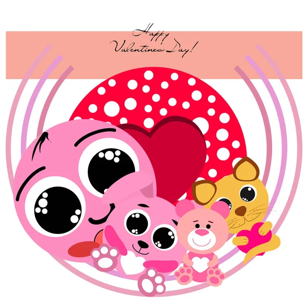 Valentine Day Cat Bunny Bear Heart Smiley Vector Background — стоковый вектор