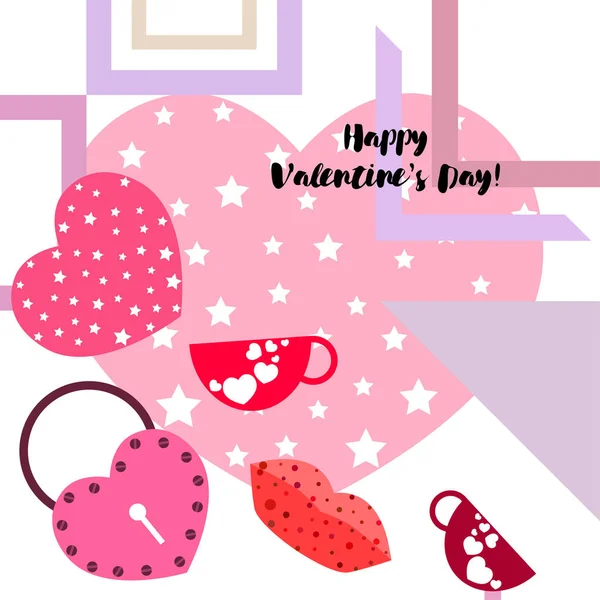 Día San Valentín Taza Cerradura Labios Corazón Vector Fondo — Vector de stock