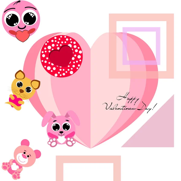 Valentine Day Cat Bunny Bear Heart Smiley Vector Background — Stock Vector