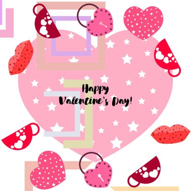 Sevgililer günü, kupa, kilit, dudaklar, kalp, vektör arka plan