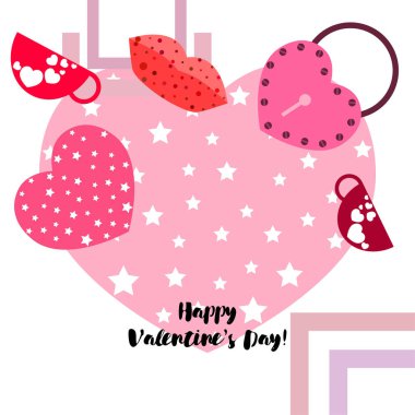 Sevgililer günü, kupa, kilit, dudaklar, kalp, vektör arka plan