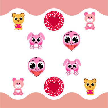 Sevgililer günü, kedi, tavşan, ayı, kalp, smiley, vektör arka plan