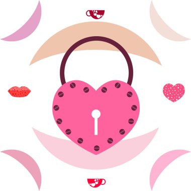 Sevgililer günü, kupa, kilit, dudaklar, kalp, vektör arka plan