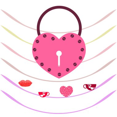 Sevgililer günü, kupa, kilit, dudaklar, kalp, vektör arka plan