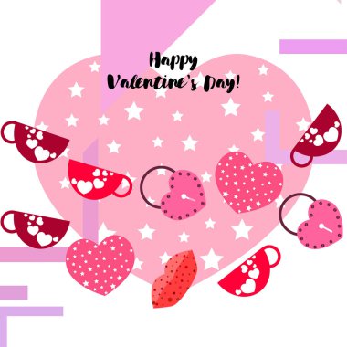 Sevgililer günü, kupa, kilit, dudaklar, kalp, vektör arka plan