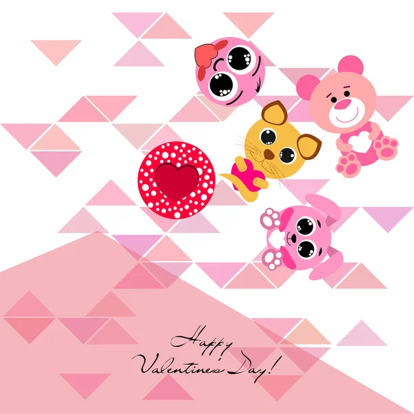 Valentine Day Cat Bunny Bear Heart Smiley Vector Background — стоковый вектор