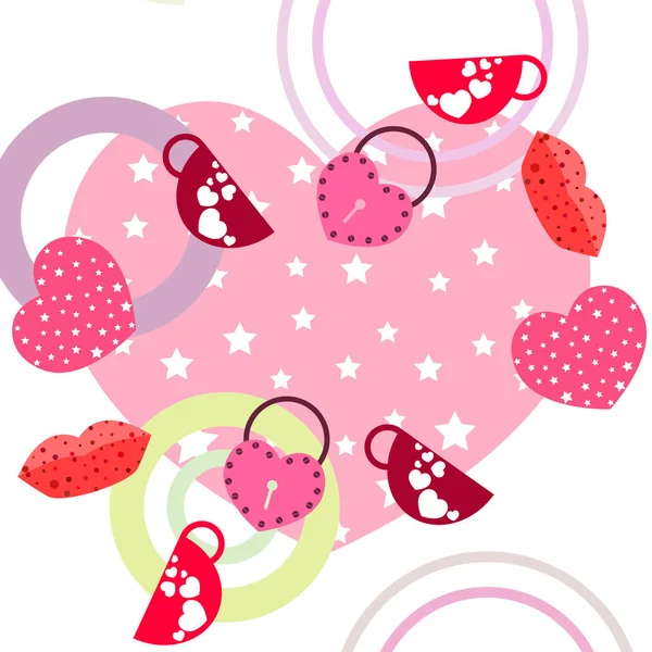 Día San Valentín Taza Cerradura Labios Corazón Vector Fondo — Vector de stock