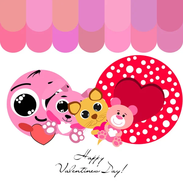 Valentine Day Cat Bunny Bear Heart Smiley Vector Background — Stock Vector