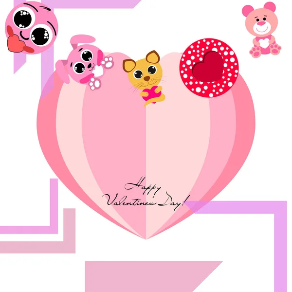 Día San Valentín Gato Conejo Oso Corazón Sonriente Vector Fondo — Vector de stock