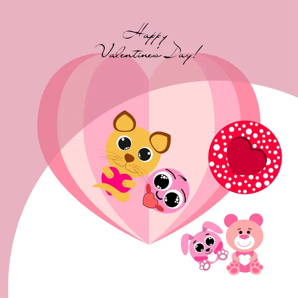 Valentine Day Cat Bunny Bear Heart Smiley Vector Background — стоковый вектор