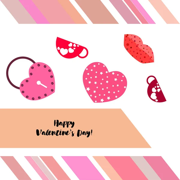 Día San Valentín Taza Cerradura Labios Corazón Vector Fondo — Vector de stock