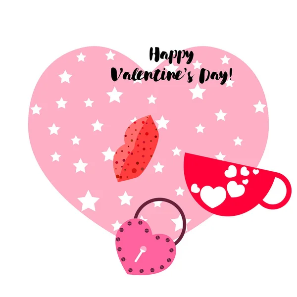 Día San Valentín Taza Cerradura Labios Corazón Vector Fondo — Vector de stock