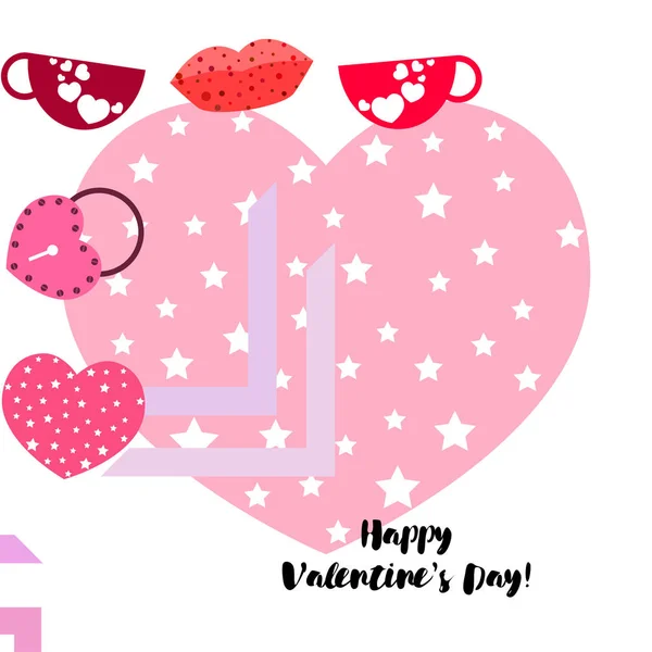 Día San Valentín Taza Cerradura Labios Corazón Vector Fondo — Vector de stock