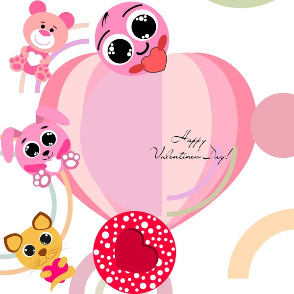 Valentine Day Cat Bunny Bear Heart Smiley Vector Background — Stock Vector