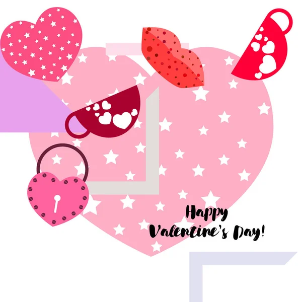 Día San Valentín Taza Cerradura Labios Corazón Vector Fondo — Vector de stock