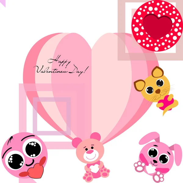 Valentine Day Cat Bunny Bear Heart Smiley Vector Background — стоковый вектор