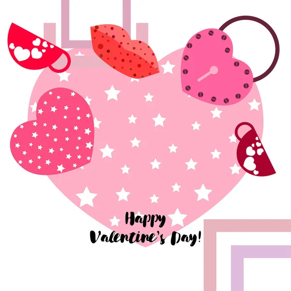 Día San Valentín Taza Cerradura Labios Corazón Vector Fondo — Vector de stock